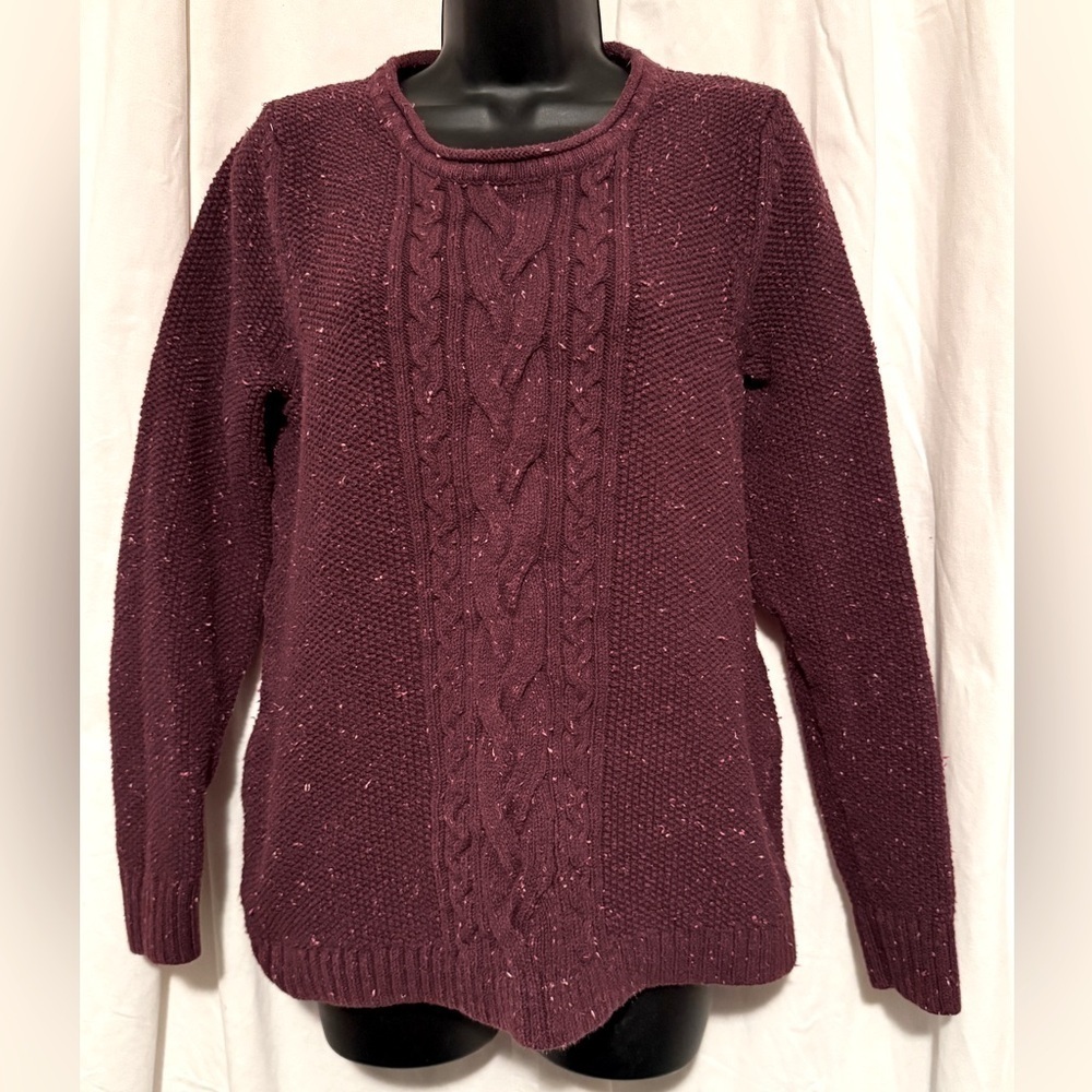 L.L. Bean Heavy Knit Eggplant Textured Cable Knit Pullover Women's Sz L Sweater